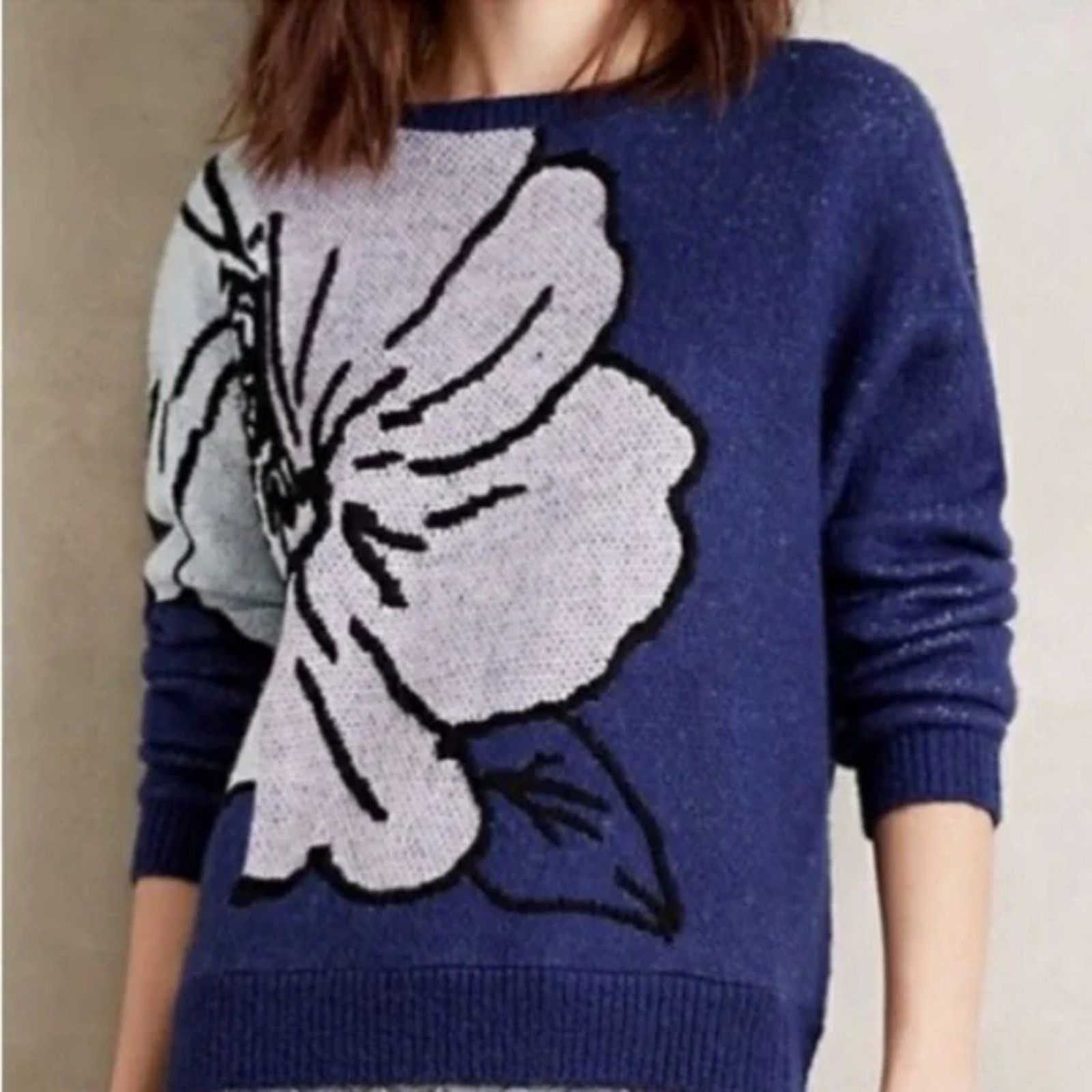 Anthropologie Hwr Monogram Mavales Flower Crew Pullover Sweater, Medium (A7)
